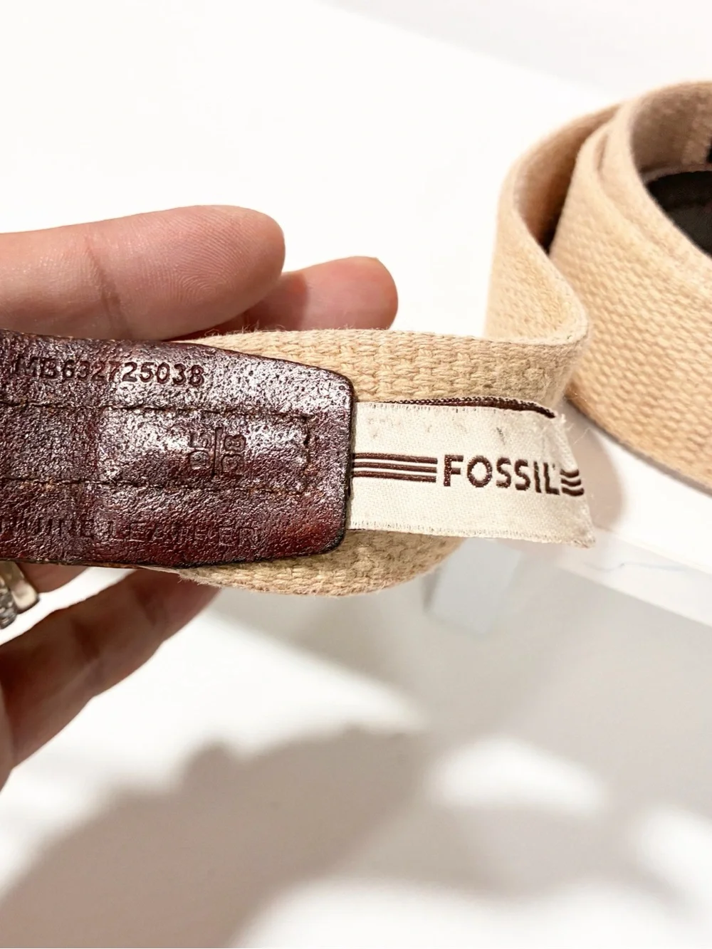 Fossil Beige Men’s Belt Brown Leather Trim Fabric